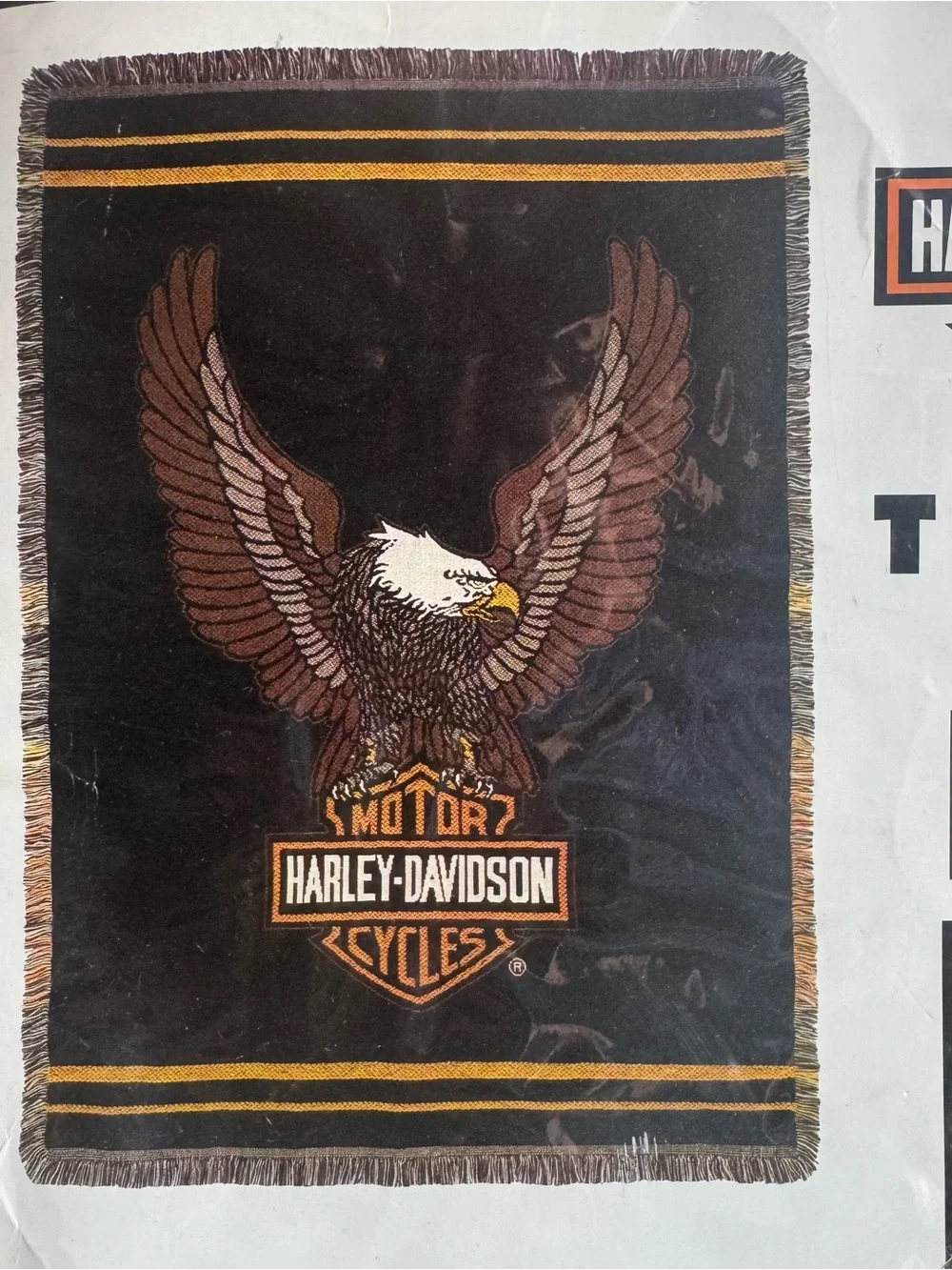 Harley-Davidson Eagle Black and Orange Logo Woven Cotton Knit Throw Dakotah New